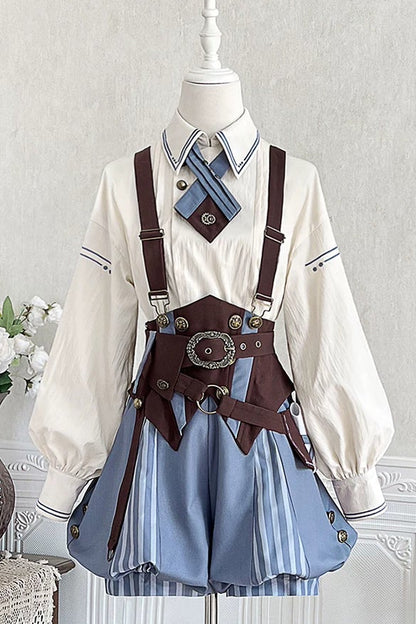 【10月2日予約締切】Vintage Prince Ivory Shirt + Blue Stripe Shorts + Brown Suspender Corset + Waist Belt + Full Set