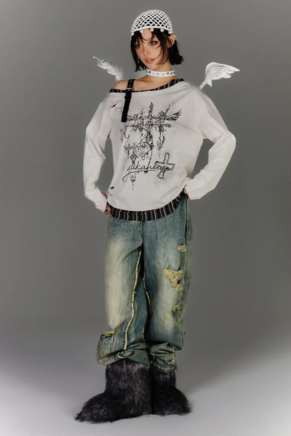 サブカルチャーワンショルダールーズトップス