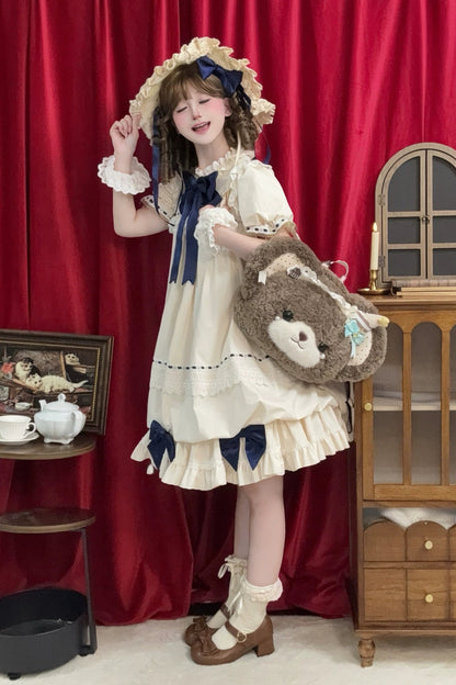【9月19日予約締切】Pink x Beige / Dark Blue x Beige Doll Style Sweet Lolita Bow Lace Puff Sleeve Dress + Dress Set + Full Set