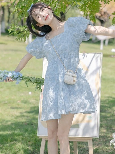 Blue Puff Sleeve Square Neck Dress