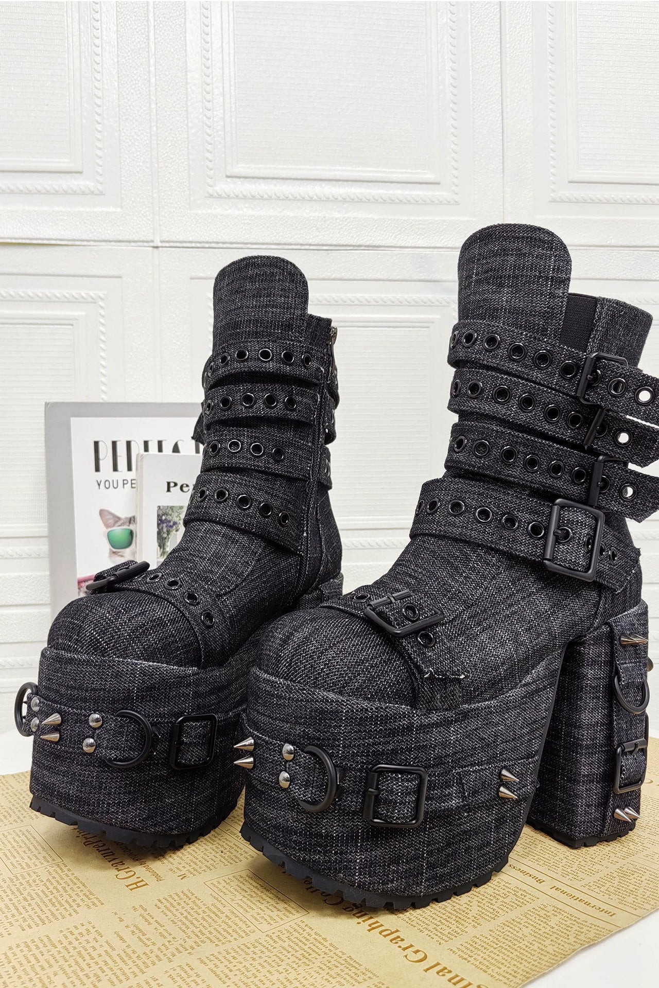 Punk Denim Chunky Heel Boots