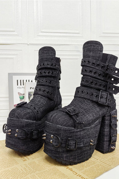 Punk Denim Chunky Heel Boots