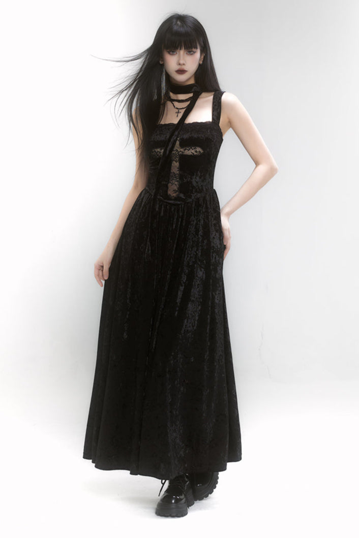 Velvet Lace Cross Long Dress + Shawl