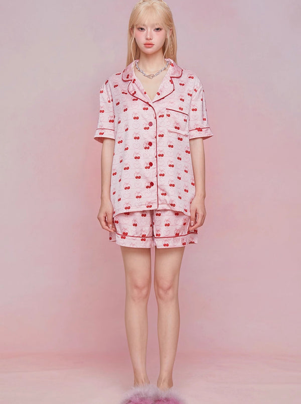 Cherry print satin loungewear set