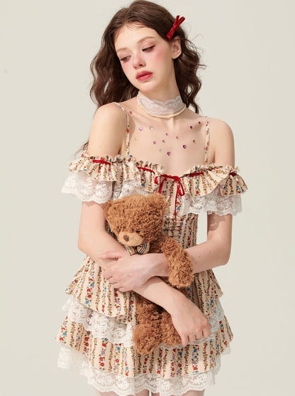 [5월 31일 20시 판매] 샤오예 아이 로즈 올드 내러티브 원숄더 플로럴 원피스 여성용 여름 케이크 드레스