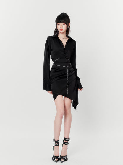 Black Satin High-end Waist Chain Shirt Jacket + Irehem Asymmetric Cami Dress