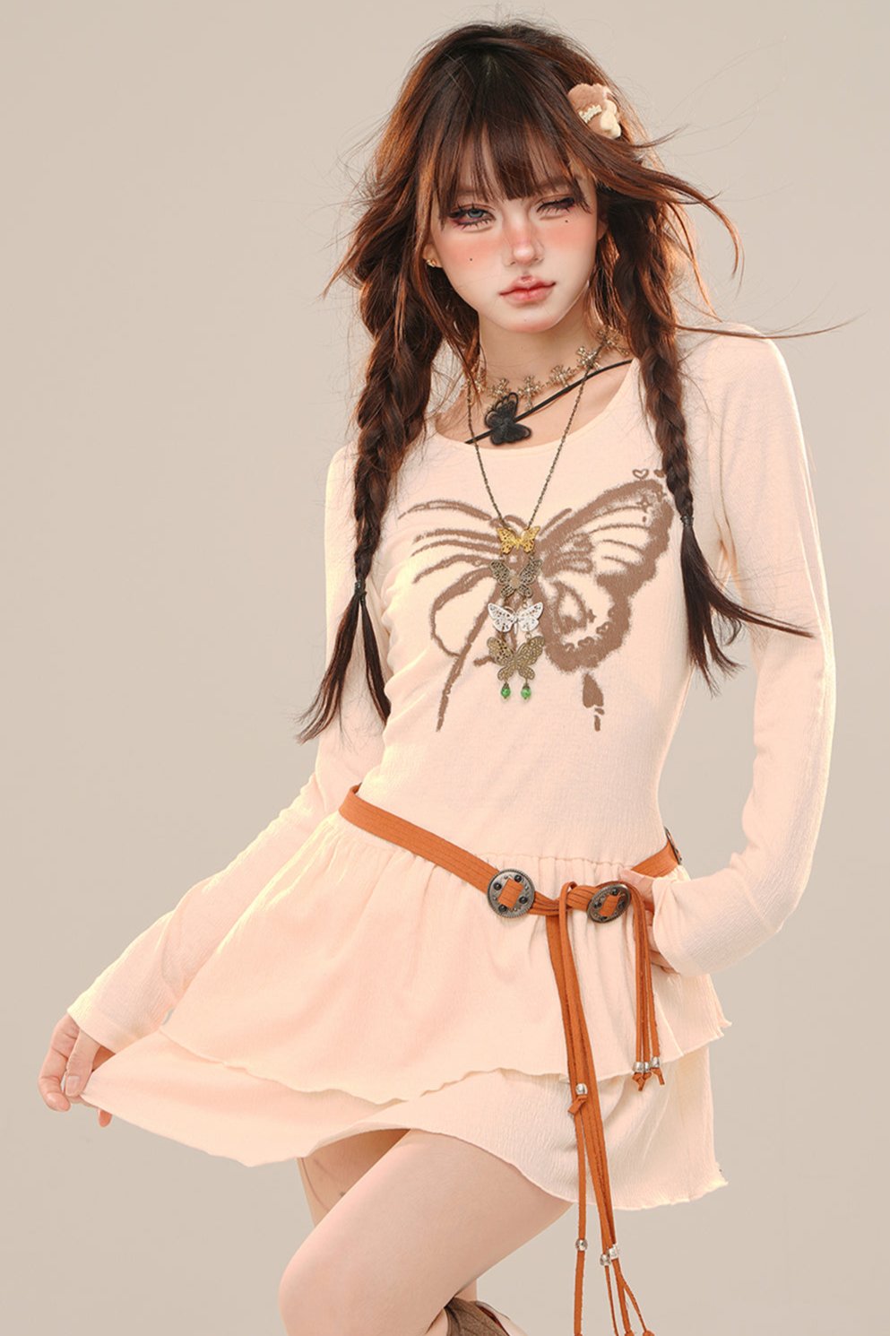 Butterfly Mark Knit Line Short Dress