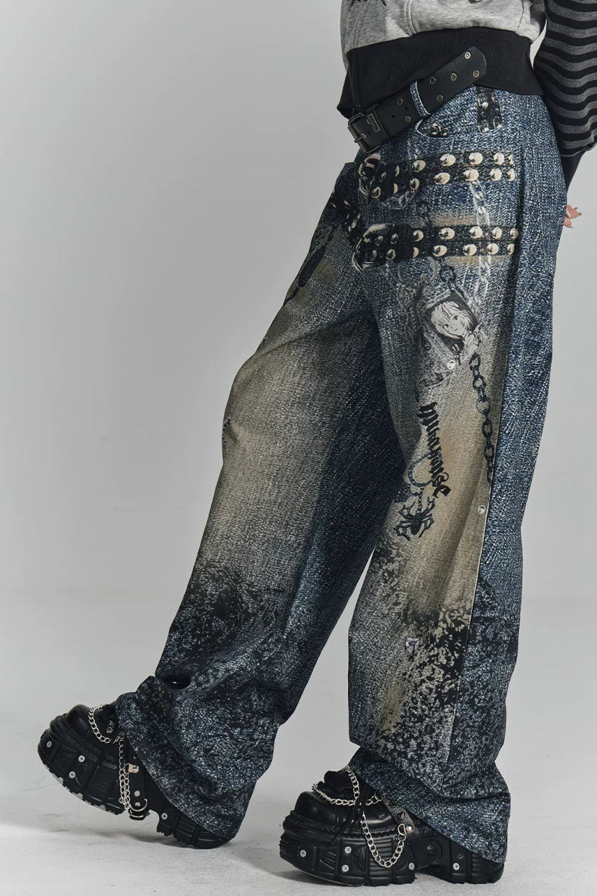 レトロデジタルプリントデニムパンツ