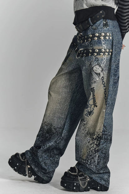 レトロデジタルプリントデニムパンツ