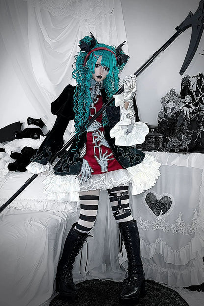 [Pre-order] Dark Green x Red Gothic Prince Velvet Flame 3D Chain Detail Ruffle Lolita Dress