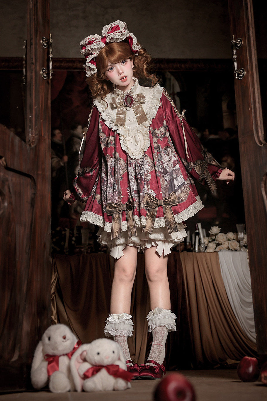 【11月3日予約締切】Antique Bow Burgundy Rabbit Print Frill Doll Dress + Shorts Set