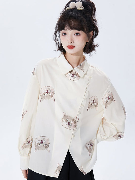 BEIGE CAT PRINT BUCKLE LOOP SHIRT 