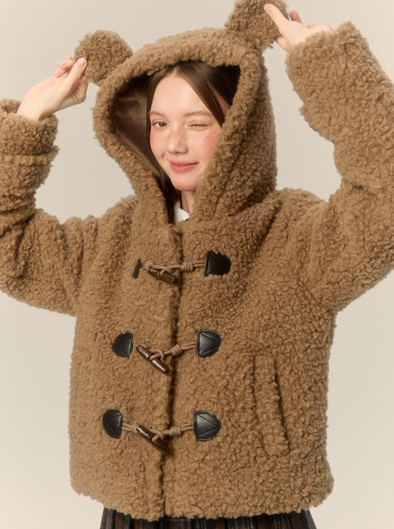 Bear Hooded Horn Button Short Lamb Wool Coat