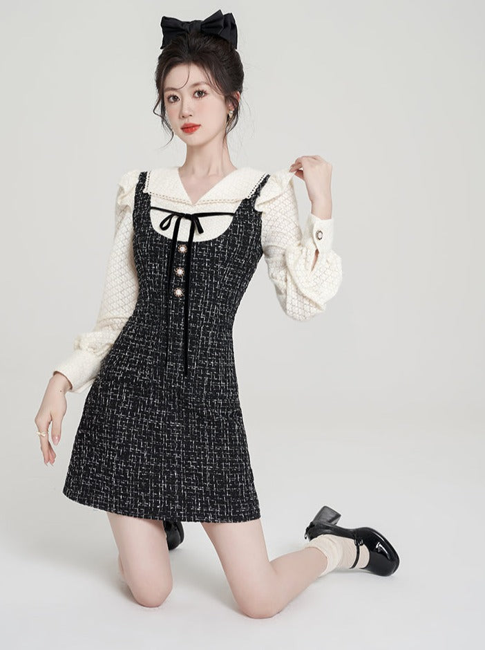 Robe camisole deux pièces en tweed serré de style français