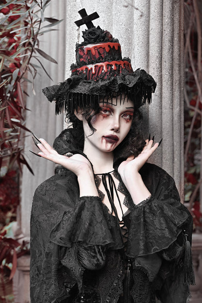 Blood Supply Original ◆ Crimson Blood Peak Gothic Dark Cake Cap Grotesque Mesh Tail Hat Accessory