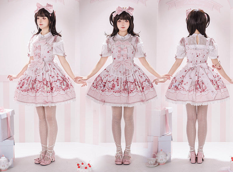 [Précommande jusqu'au 5 mai] Robe JSK à imprimé cerises roses, dentelle, ruban et tablier oreilles de lapin + accessoires