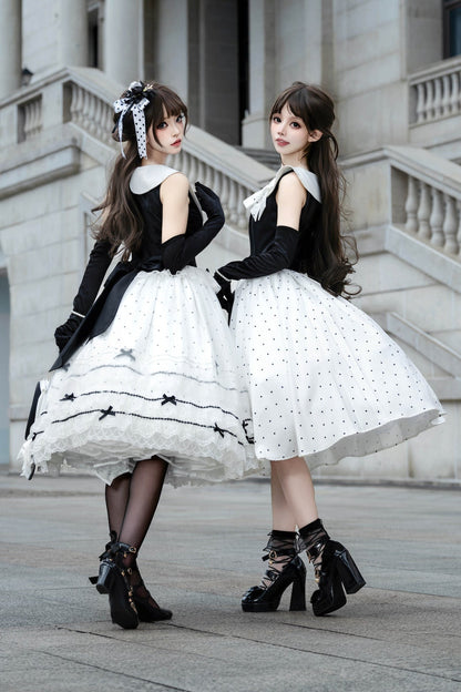 [Reservierungsfrist: 17. August] Elegantes klassisches Lolita-Kleid mit Polka Dots und Schleife (mit Schnallengürtel & Schleifenbrosche)