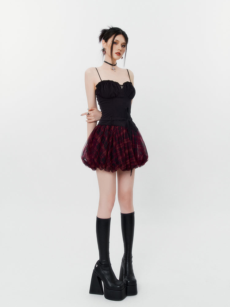 American Rock Black Cami Check Volume Tulle Skirt Dress