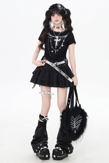 Y2Kサブカルレーストリムドローストリングトップス