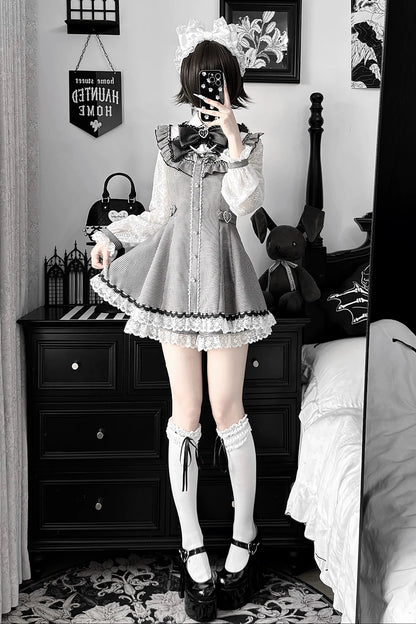 [Pre-order Deadline: November 15] Houndstooth Lace Sleeve Ruffle Dress + Matching Shorts + Pearl Ribbon Set