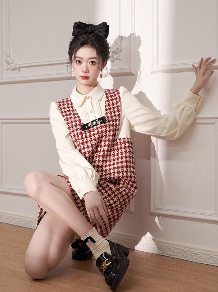 小香风甜美红色格纹长袖连衣裙女装冬季假两件气质法式加绒直筒