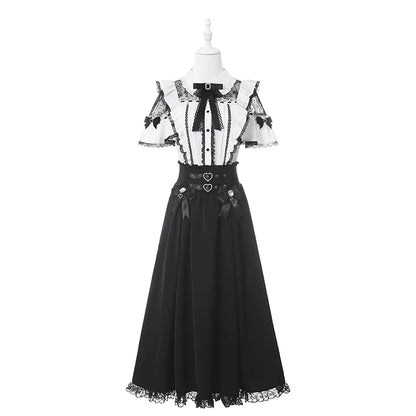 Elegant Lace Dark Kawaii Blouse + Heart Ring Long Skirt