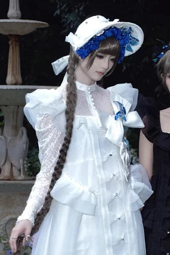 [Vorbestellschluss: 10. Monat, 14. Tag] Schwarz/Weißes Gothic-Lolita-Innentop aus transparenter Spitze mit langen Ärmeln