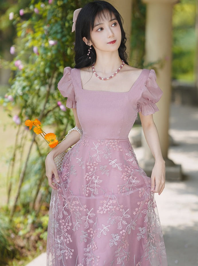 Square Neck Lace-Up Flower Dress