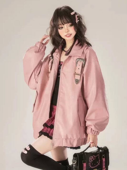 핑크 레트로 버클 디자인 지퍼 가죽 재킷