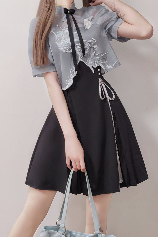 China Embroidery Short Top + Suspender Skirt Suit