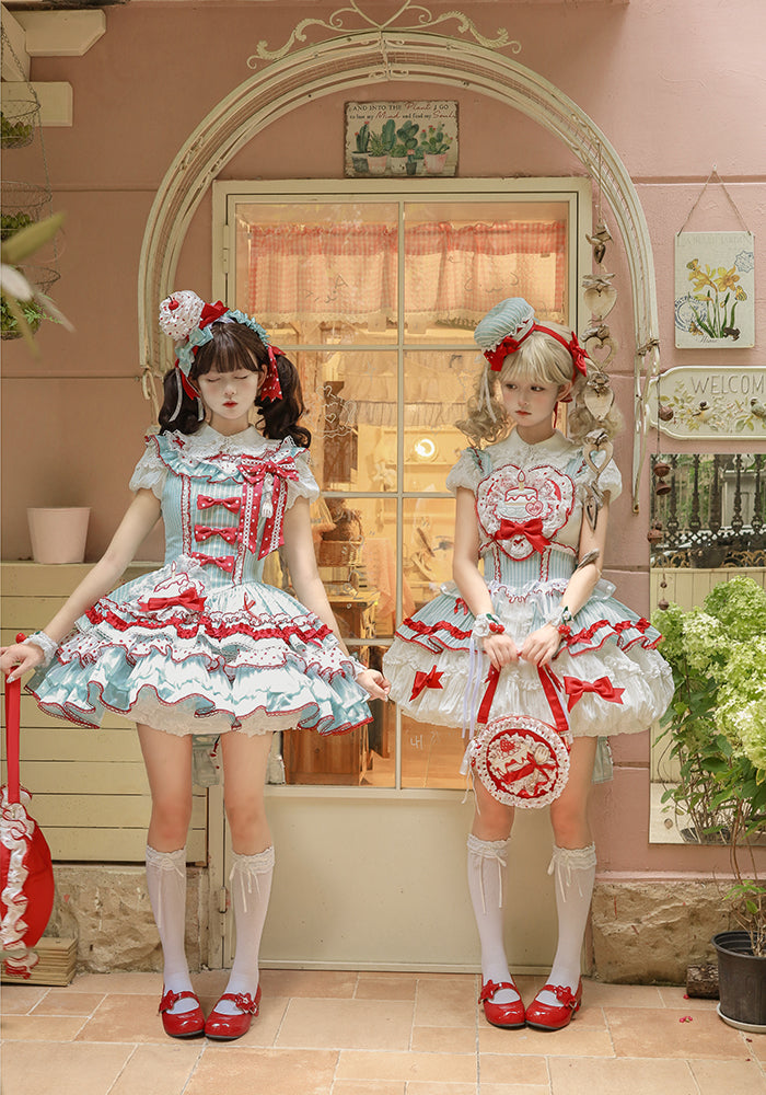 [Pre-order Deadline: September 27] Twin Tiered Lolita Dot Ribbon Striped Dress + Flower Bud Skirt Dress