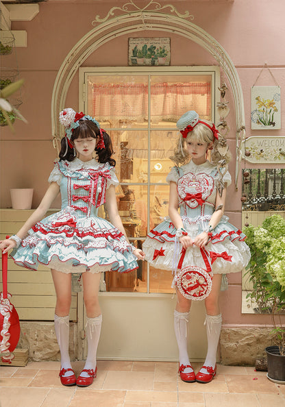 [Pre-order Deadline: September 27] Twin Tiered Lolita Dot Ribbon Striped Dress + Flower Bud Skirt Dress