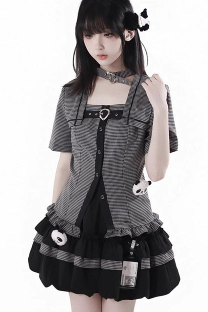 Plaid College Shirt + Shirt + Puff Skirt