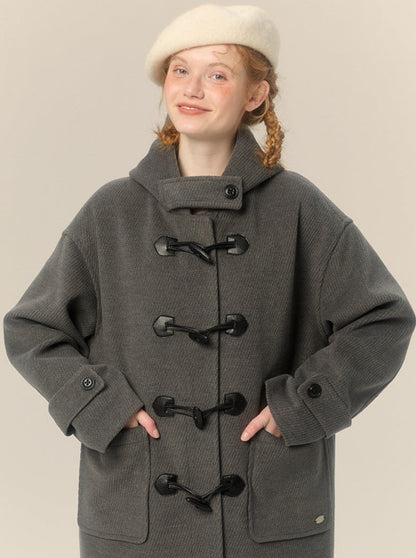 Hooded Gray Horn Button Wool Coat