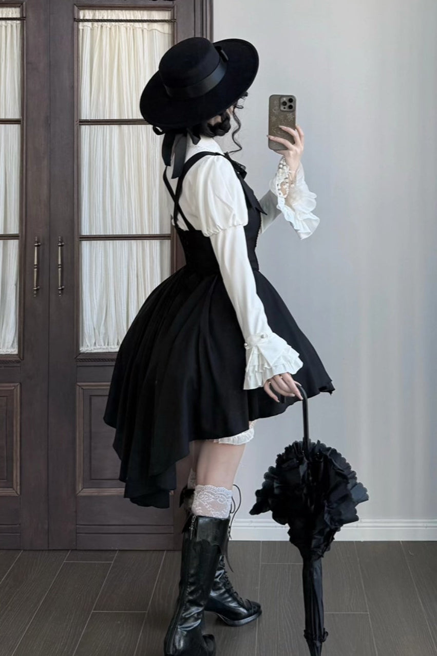 [Pre-order Deadline: October 29] Gothic Vampire Butler White Lace Flare Sleeve Shirt + Bat Collar Ruffle High-Low Lolita JSK Dress Set + Jewel Bow Tie