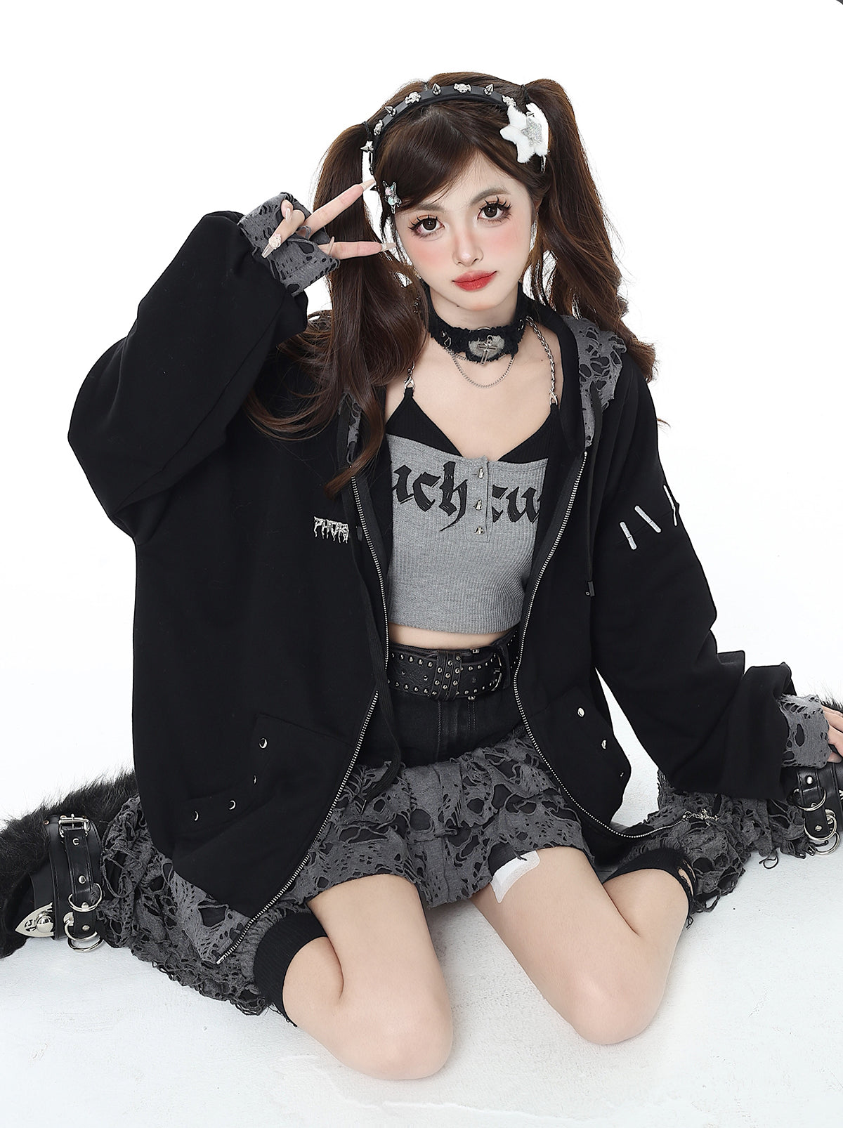 Cat Ear Subculture Sweet Cool Broken Hole Loose Hoodie Jacket