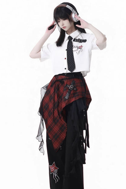 コントラストシャツ＋チェックスカート＋ブラックスカート＋ワイドパンツ＋ネクタイ