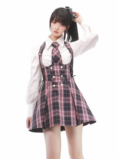 Black Pink Uniform Coordinating Shirt &amp; Check Tie Lace-up Pleated Sass Skirt Setup [Box Pleats/Plain Pleats]