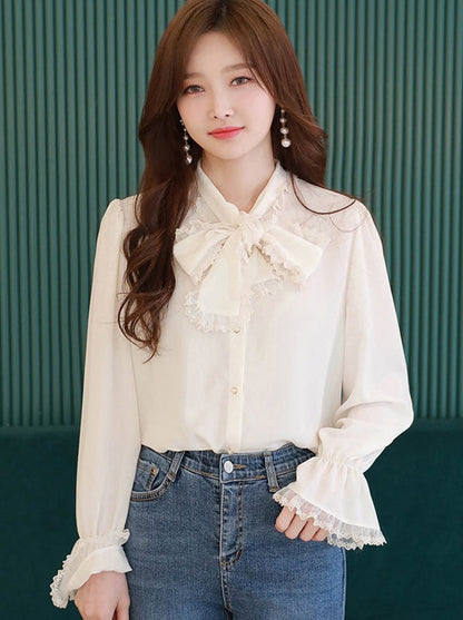 Ribbon lace chiffon shirt