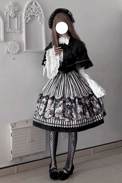 【10月3日予約締切】Black/White Elegant Gothic Series Accessories(Black Butterfly Print Striped Ribbon Hat, Black Rose Ribbon Brooch, Ribbon KC, Hair Clip Pair, Bonnet)