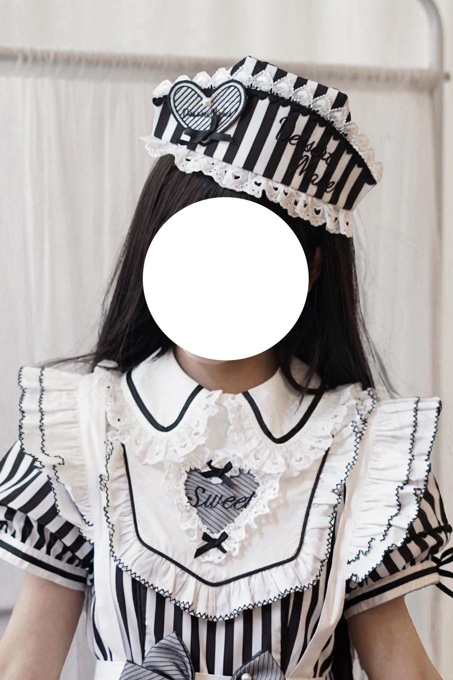 【6月18日予約締切】ピンク/ ブルー/ブラックスイートメイドロリータキャンディストライプシリーズアクセサリー（ナースハット・カチューシャ・エプロン・ヘアクリップ・リストカフス）