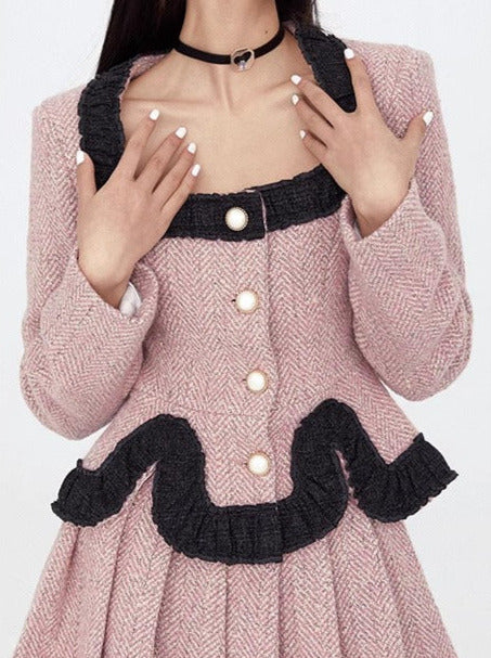 Pink Tweed Fragrance Suit 50 Cashmere Sweet Suit Skirt Two Piece Set