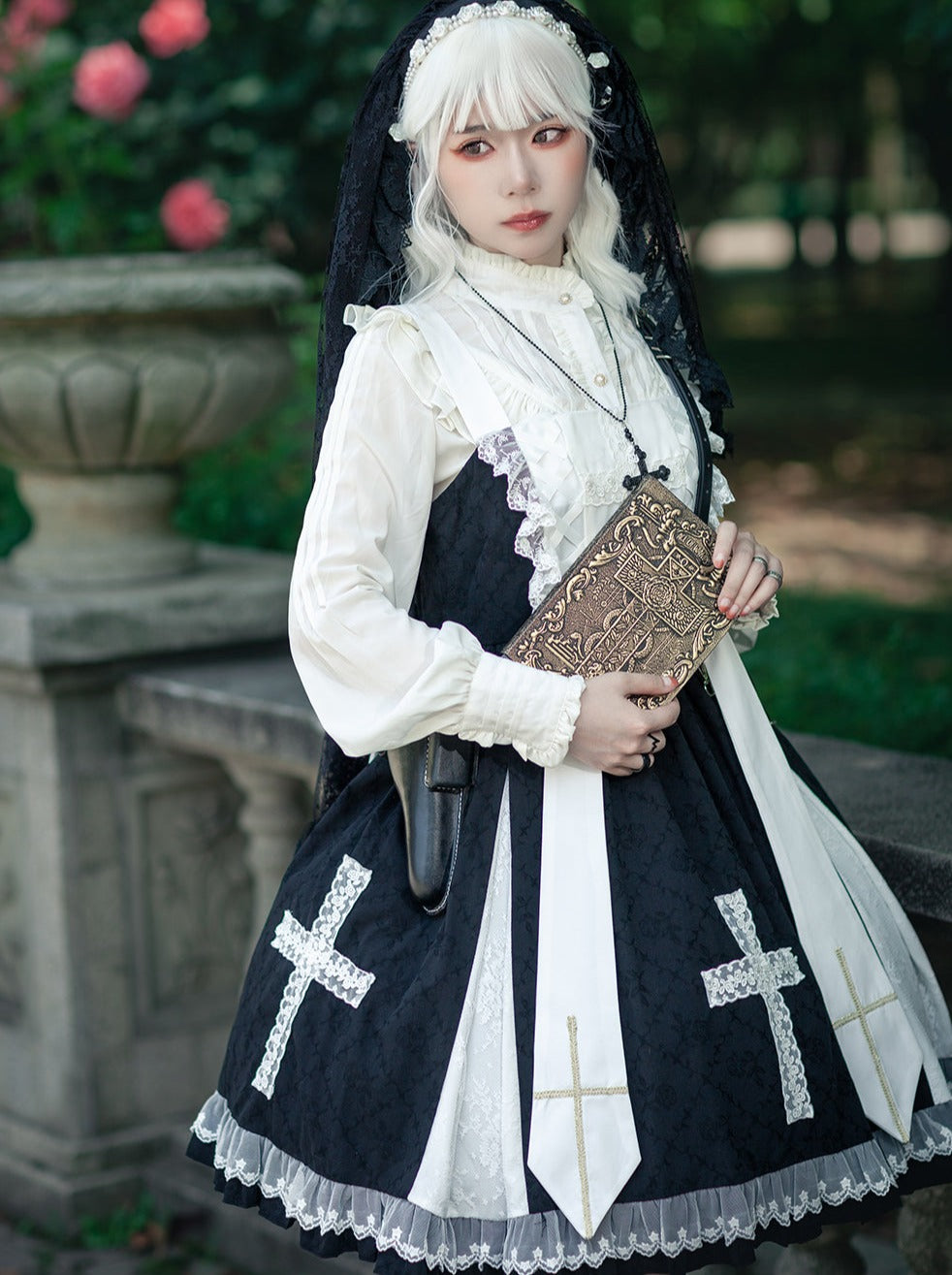 Cross Elegant Lolita Dress + Short Jacket + Hairband + Veil + Collar