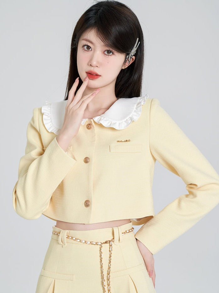 Milky Yellow Short Jacket + Long Flared Skirt