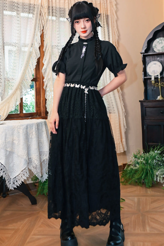 コットンススタンドカラーブラックスリムシャツ