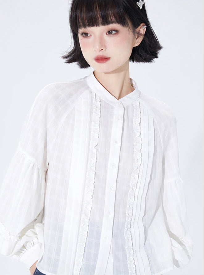 Shallot Stand-Up Collar Raglan Sleeve Blouse