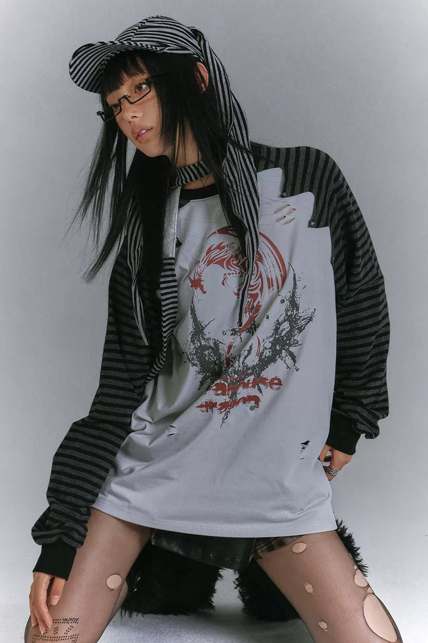 バイカラーラグランルーズトップス