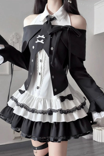 [Pre-order Deadline: October 15] Black Bow Off-Shoulder Lace Flare-Sleeve Jacket + Black and White Lace-Trim Bow Halter Dress with Tie
