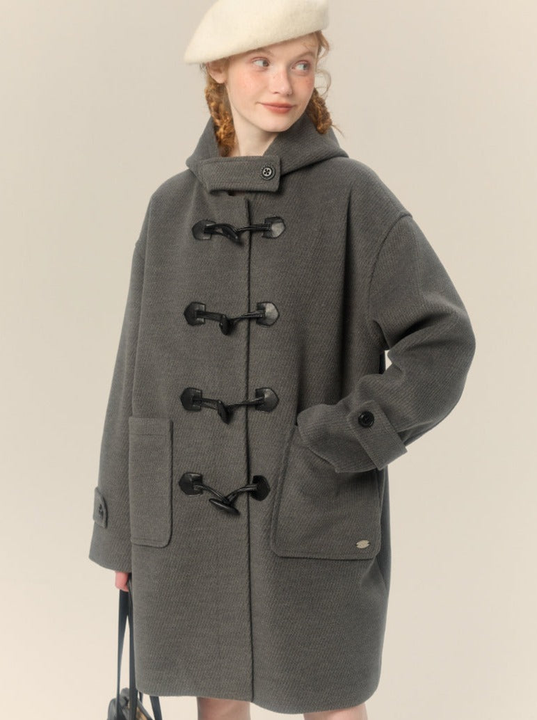 Hooded Gray Horn Button Wool Coat