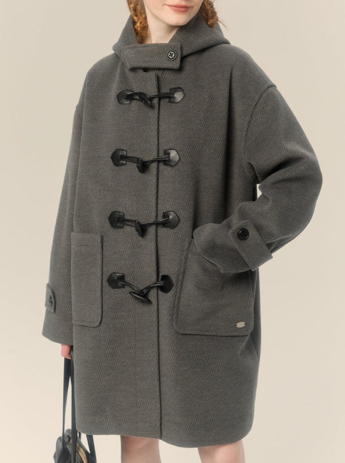 Hooded Gray Horn Button Wool Coat